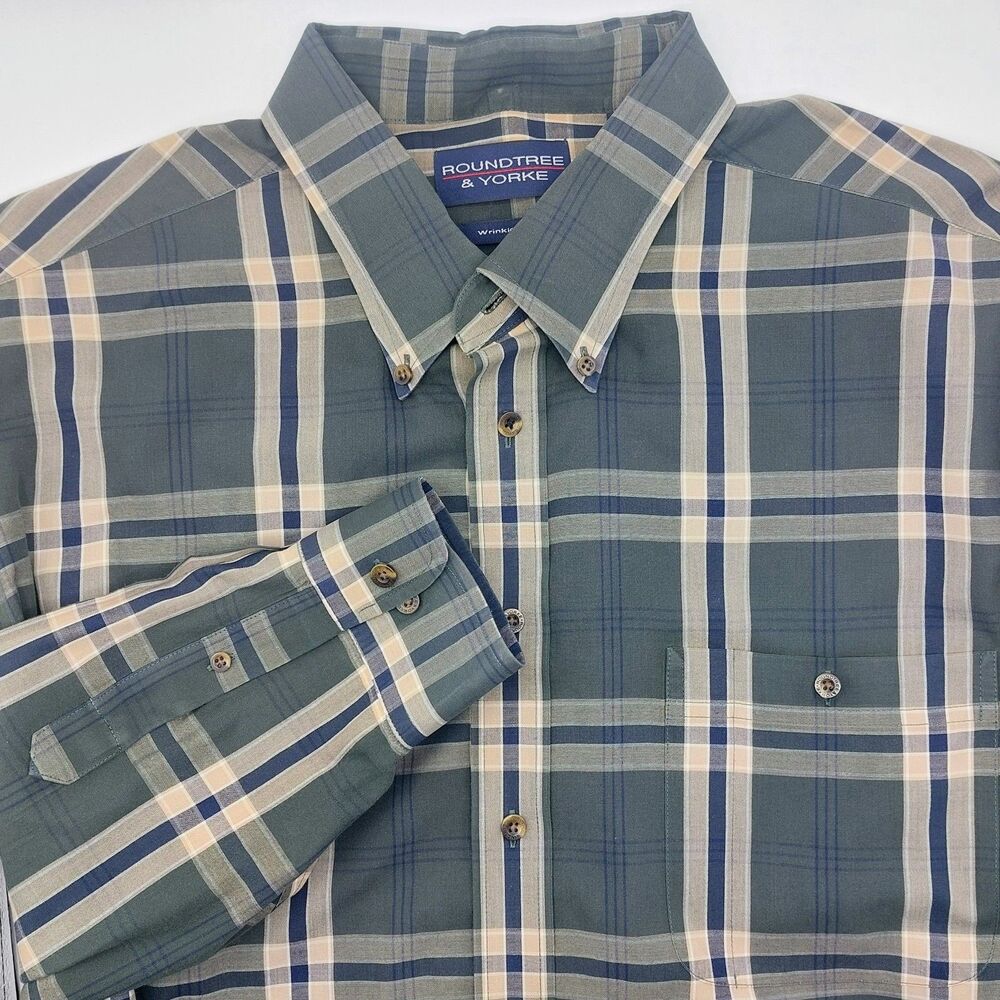 Roundtree Yorke Wrinkle Free Plaid Button Down Shirt Men's Size 3XLT Green Navy